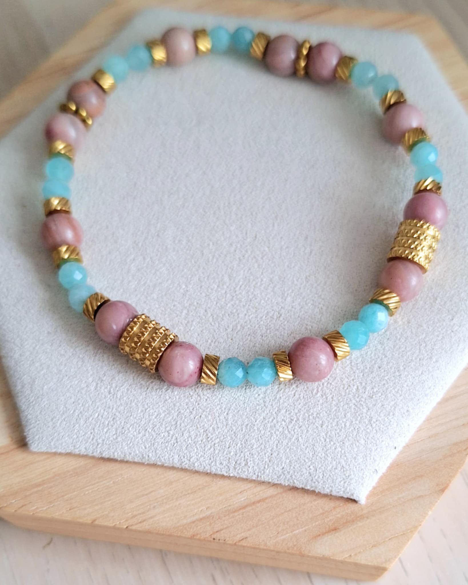 Bracelet femme | rhodonite et amazonite | Lithothérapie | acier inoxydable | Presqu'îles bijoux | 62800 LIEVIN