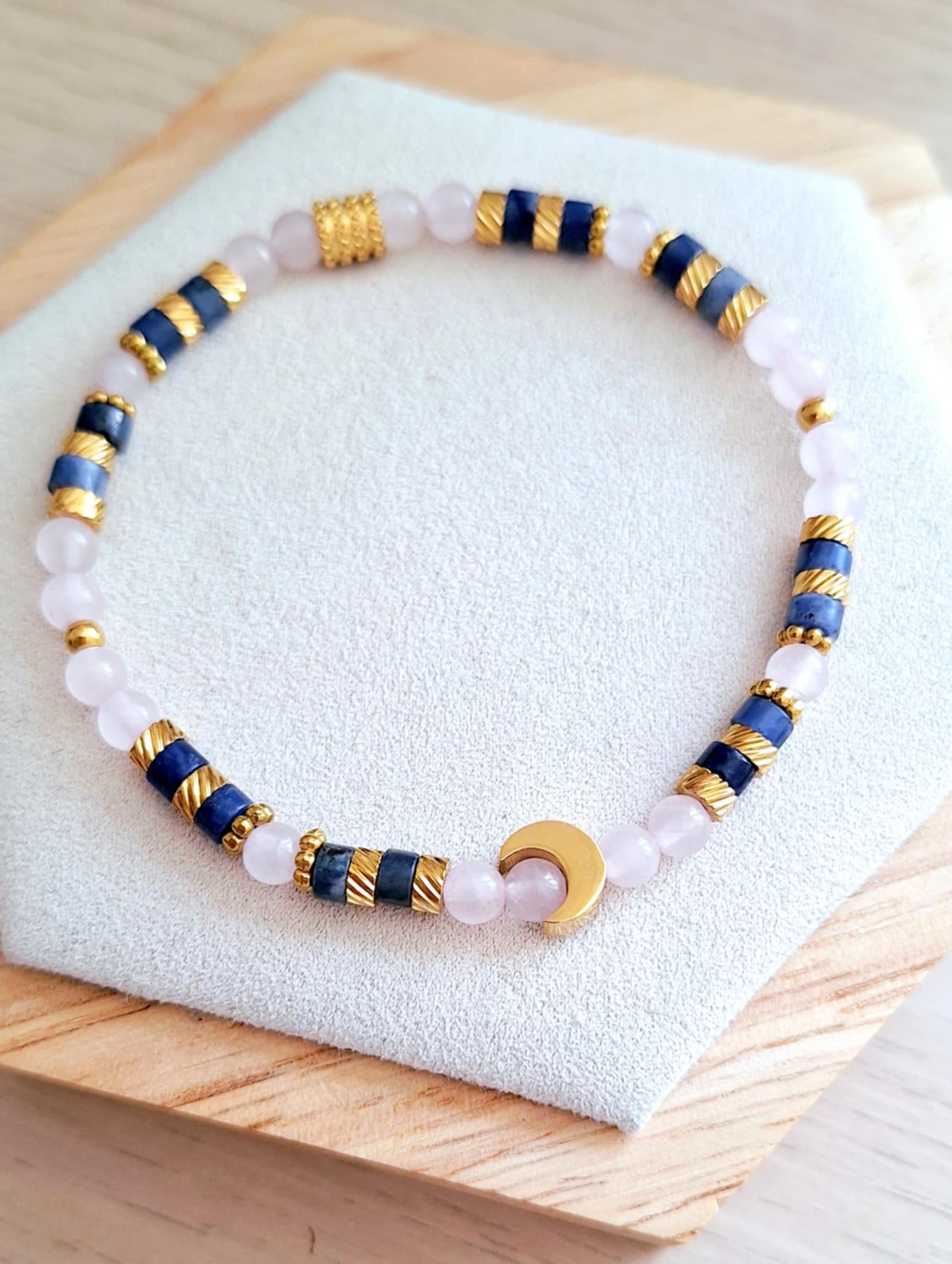 Bracelet femme | sodalite et quartz rose | Lithothérapie | acier inoxydable | Presqu'îles bijoux | 62800 LIEVIN