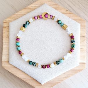 Bracelet femme | turquoise africaine cristal de roche et jaspe impérial | Lithothérapie | acier inoxydable | Presqu'îles bijoux | 62800 LIEVIN