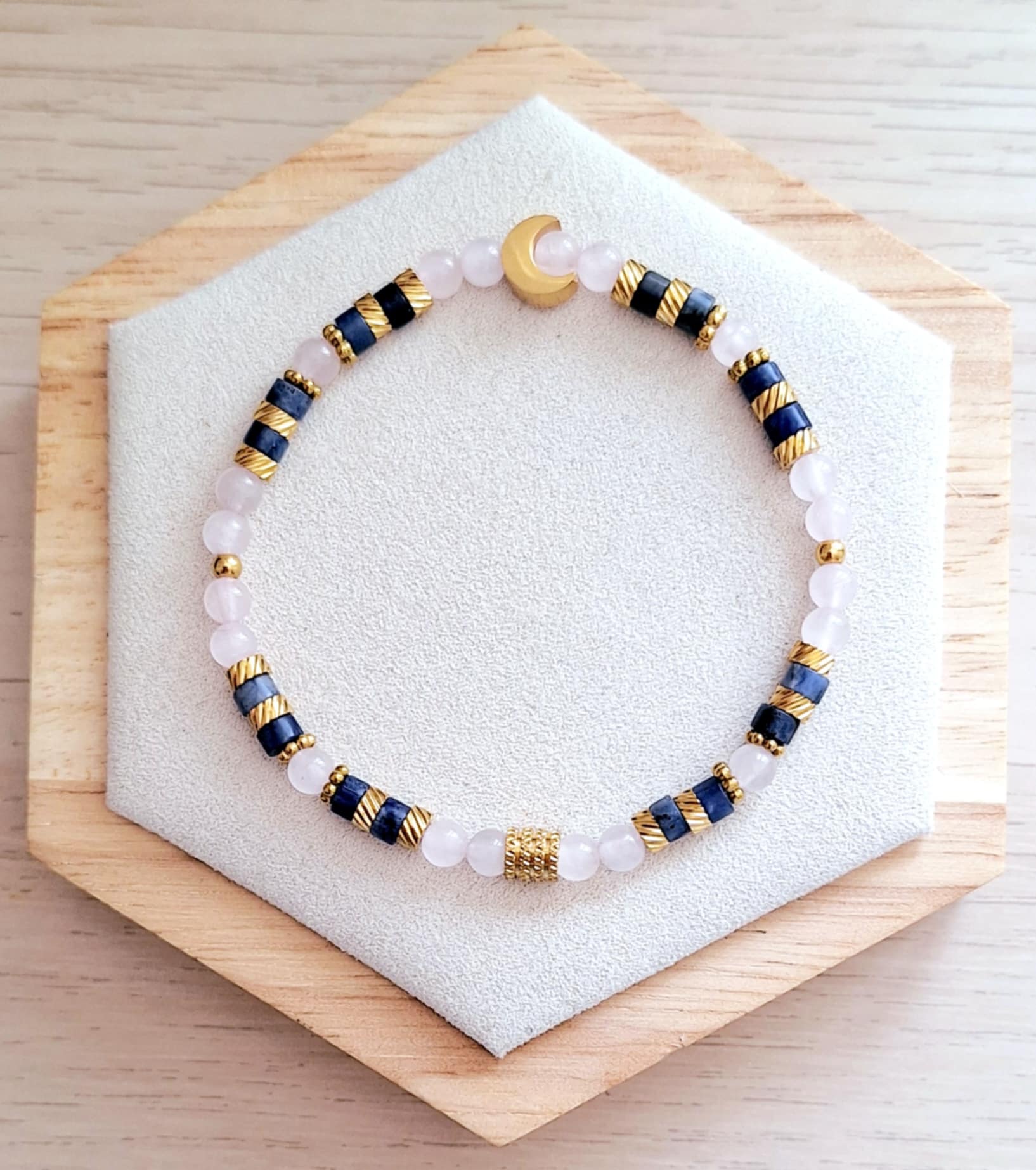 Bracelet femme | sodalite et quartz rose | Lithothérapie | acier inoxydable | Presqu'îles bijoux | 62800 LIEVIN