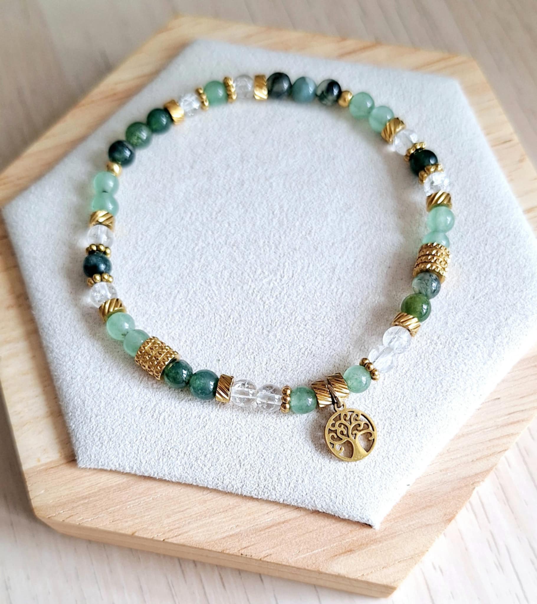 Bracelet femme | aventurine agate mousse et cristal de roche | Lithothérapie | acier inoxydable | Presqu'îles bijoux | 62800 LIEVIN