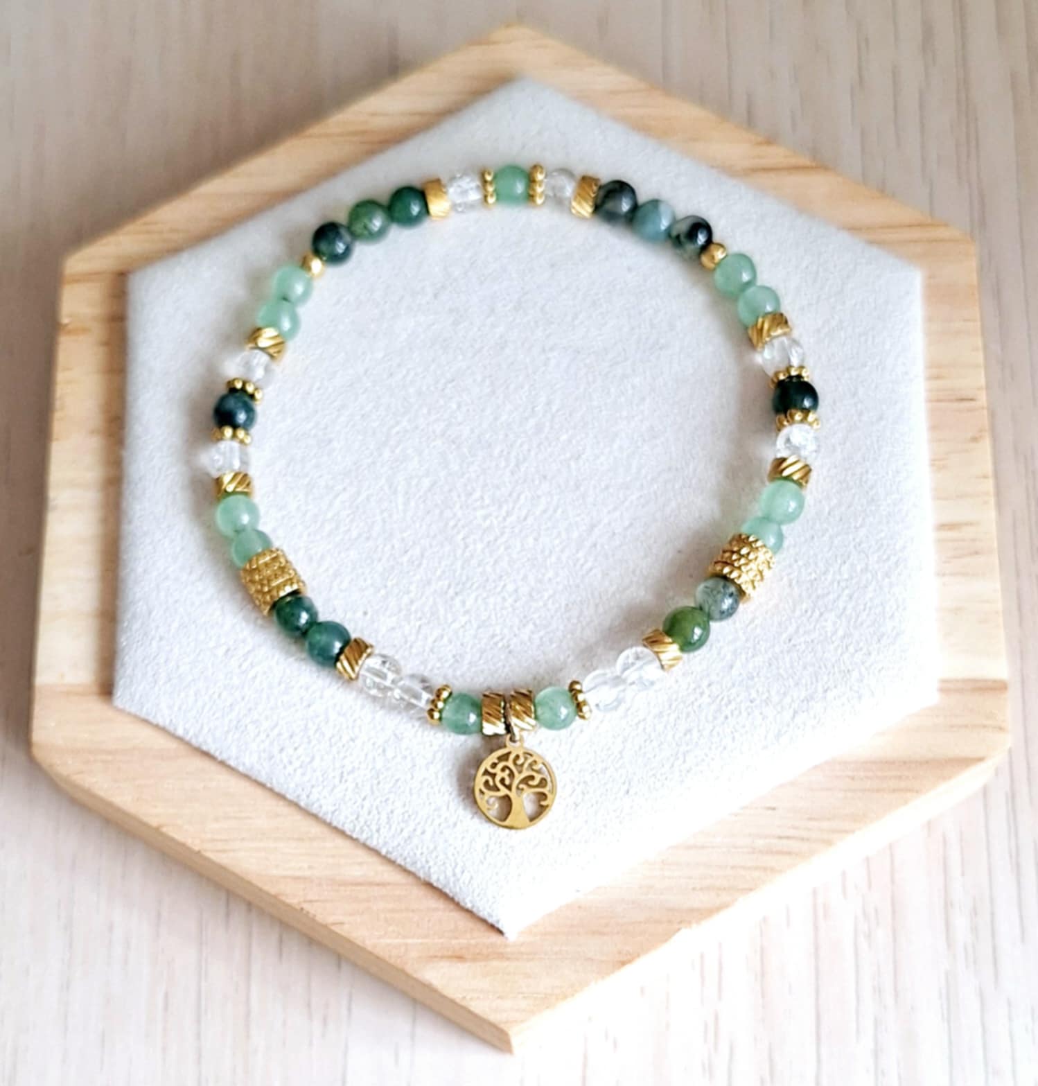 Bracelet femme | aventurine agate mousse et cristal de roche | Lithothérapie | acier inoxydable | Presqu'îles bijoux | 62800 LIEVIN