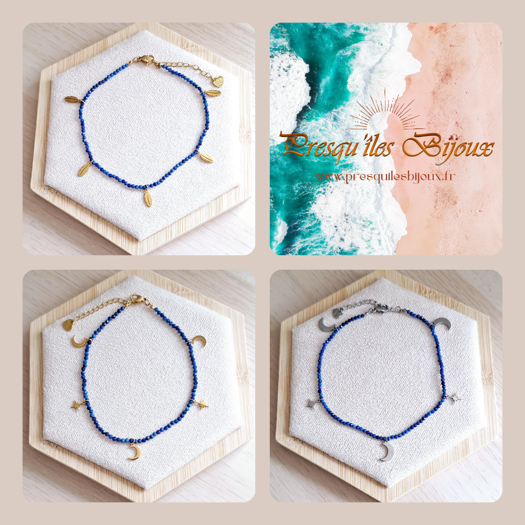 Chaîne de cheville femme | Lapis lazuli | Lithothérapie | acier inoxydable | Presqu'îles bijoux | 62800 LIEVIN