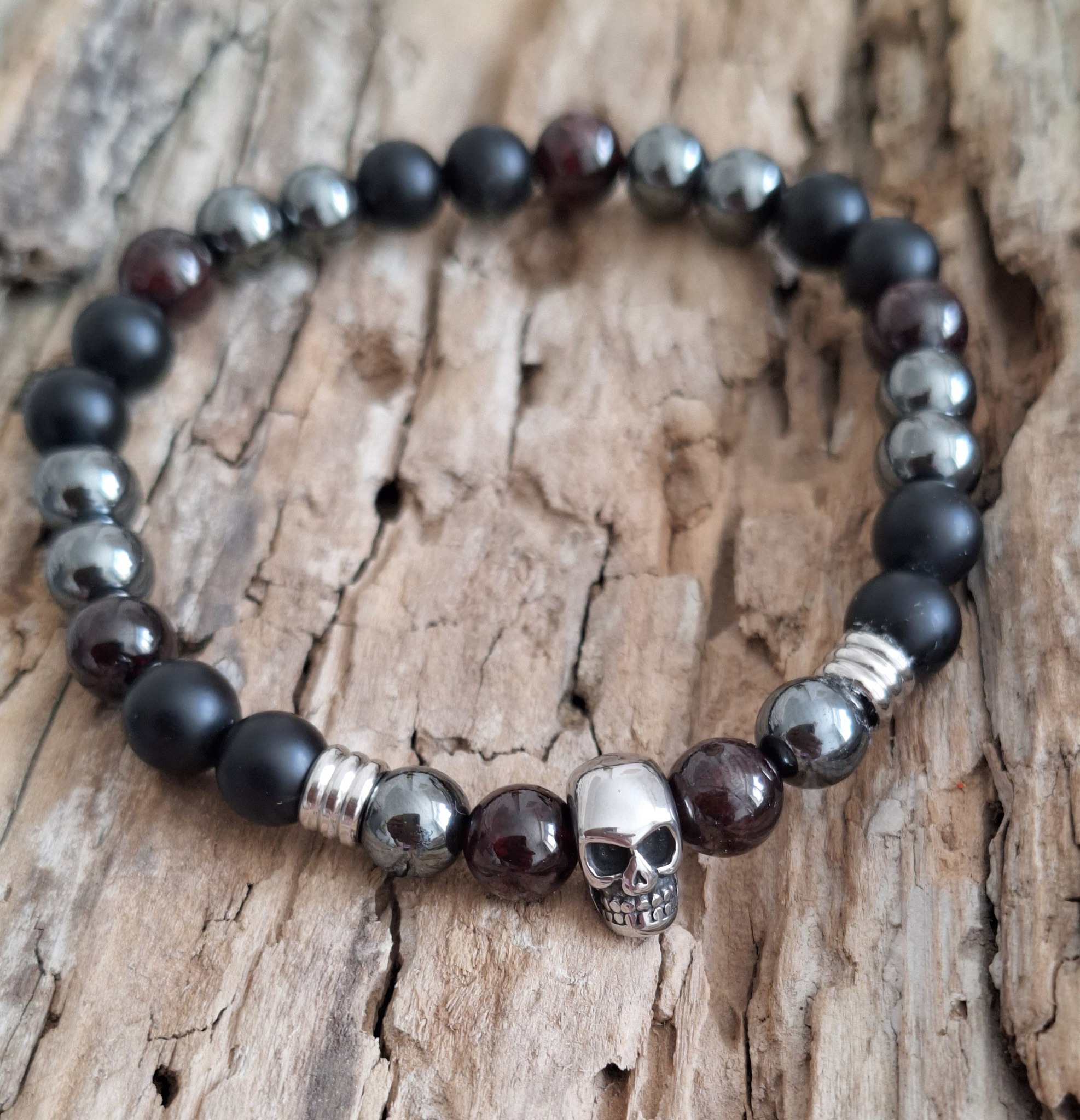 Bracelet homme | Onyx mat grenat et hématite | Lithothérapie | Presqu'îles bijoux | 62800 LIEVIN
