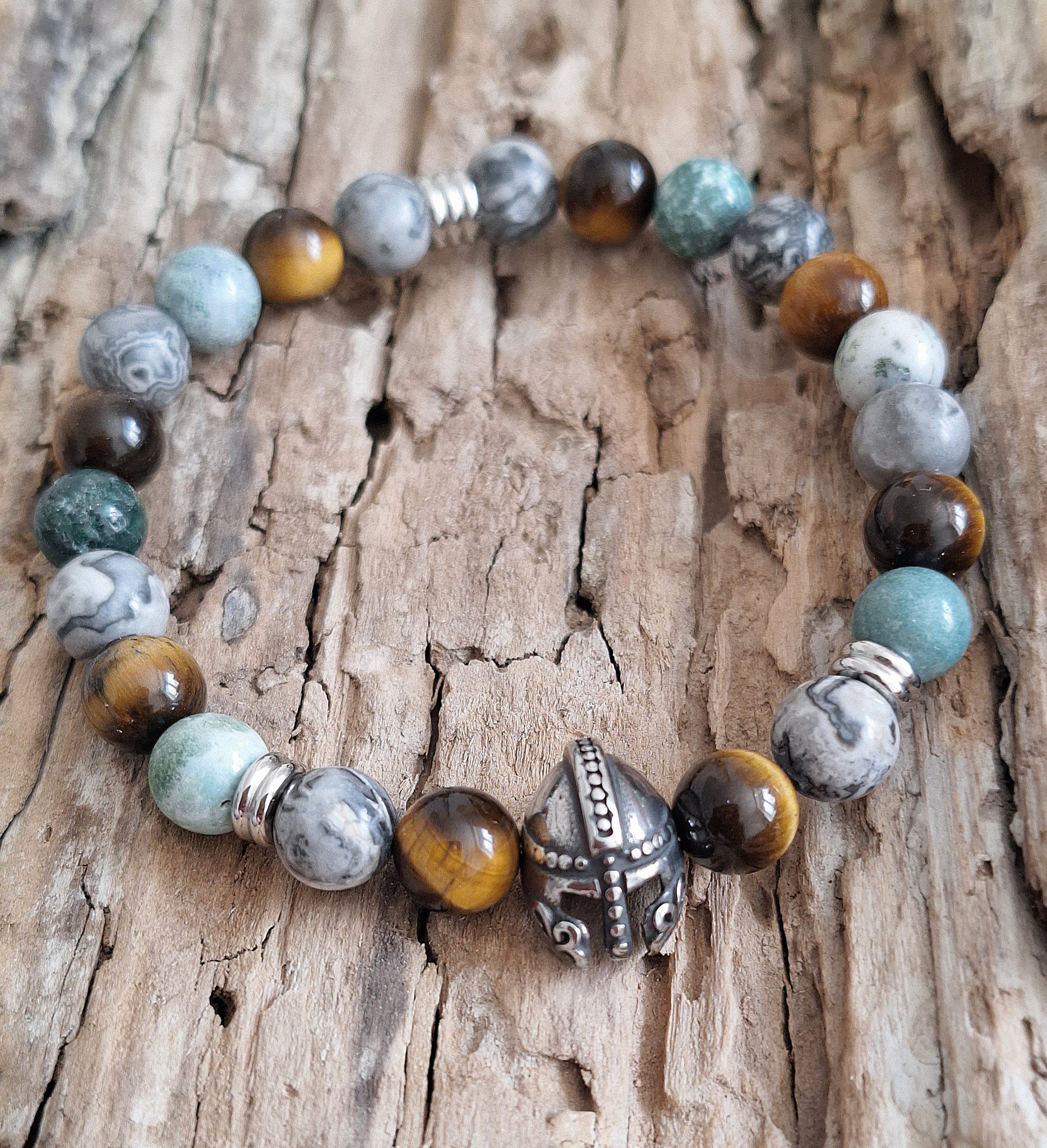 Bracelet homme | œil de tigre agate mousse et jaspe picasso | Lithothérapie | Presqu'îles bijoux | 62800 LIEVIN