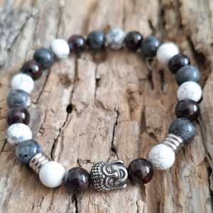 Bracelet homme | larvikite grenat et howlite | Lithothérapie | Presqu'îles bijoux | 62800 LIEVIN